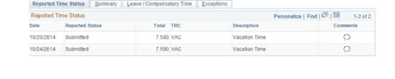 Screen grab of HR Direct website showing that the reported time status has been submitted.