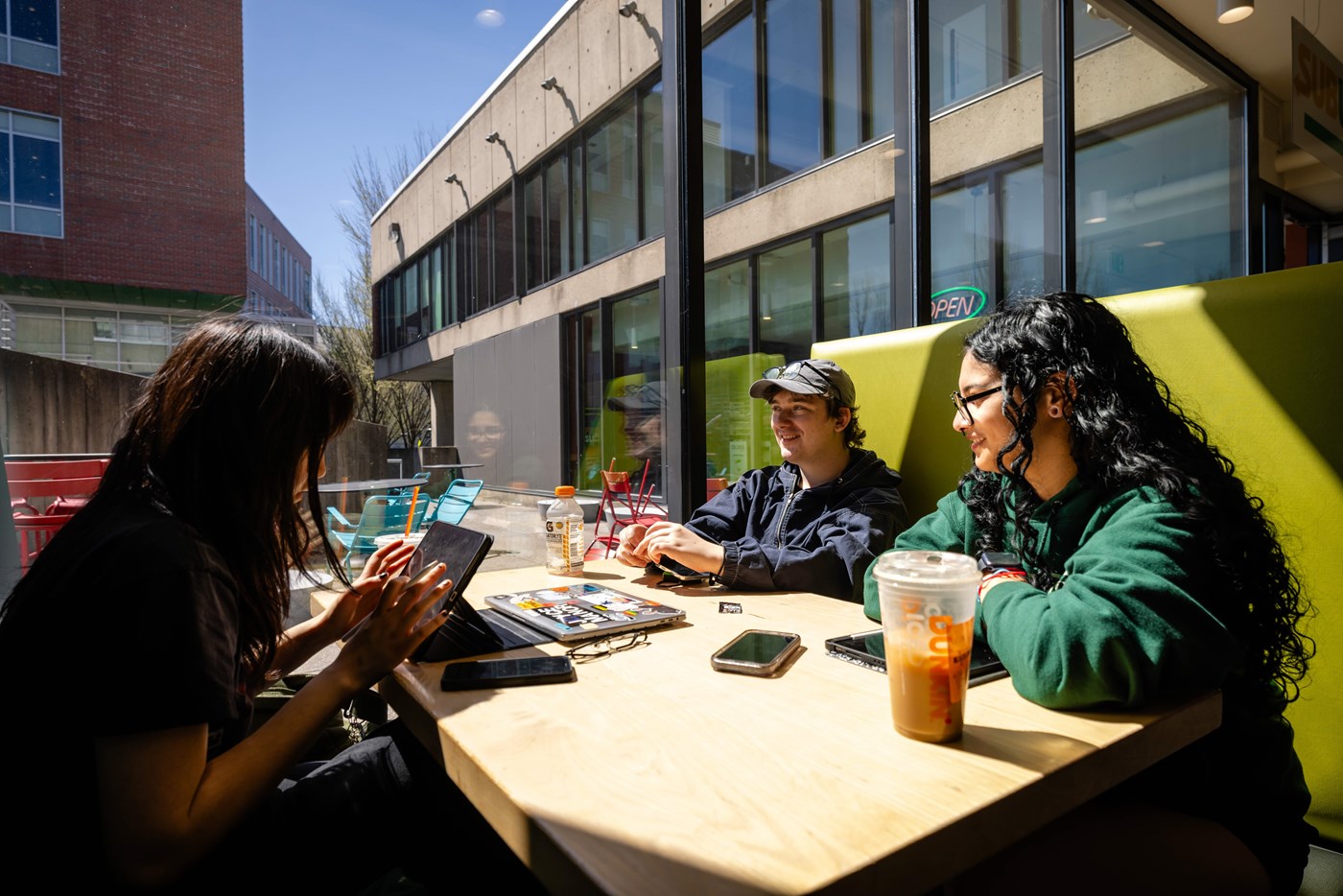 students chatting in the McGauvran dining hall