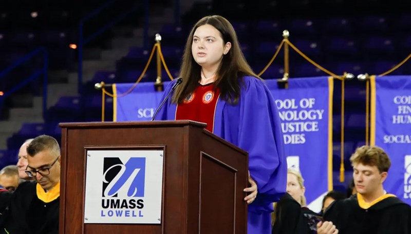 Stephanie Nicum speaking at UMass Lowell Convocation.