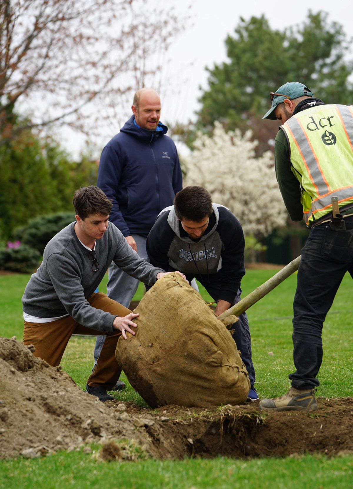 Two students and faculty from the Department of Conservation & Recreation are shown planting a tree in a field.