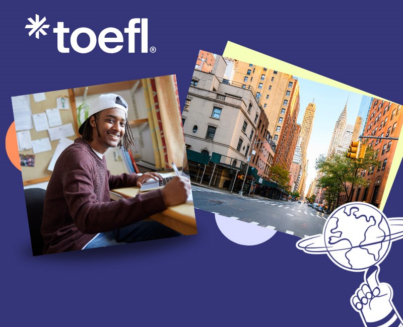 *toefl Test of English as a Foreign Language banner with student, cityscape & finger spinning globe.