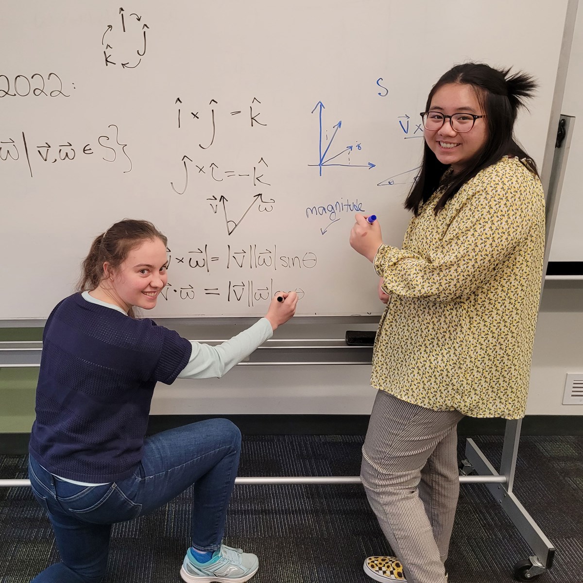 Two Mathematics students working on a math problem on a whiteboard.
