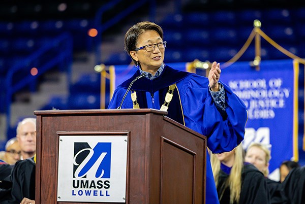 UMass Lowell Chancellor Julie Chen addresses new students at 2024 Convocation.