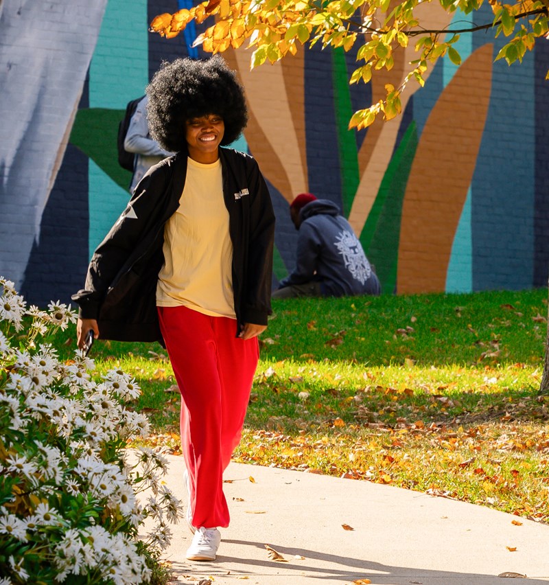 Students walking in campus surrounded by trees during fall foliage