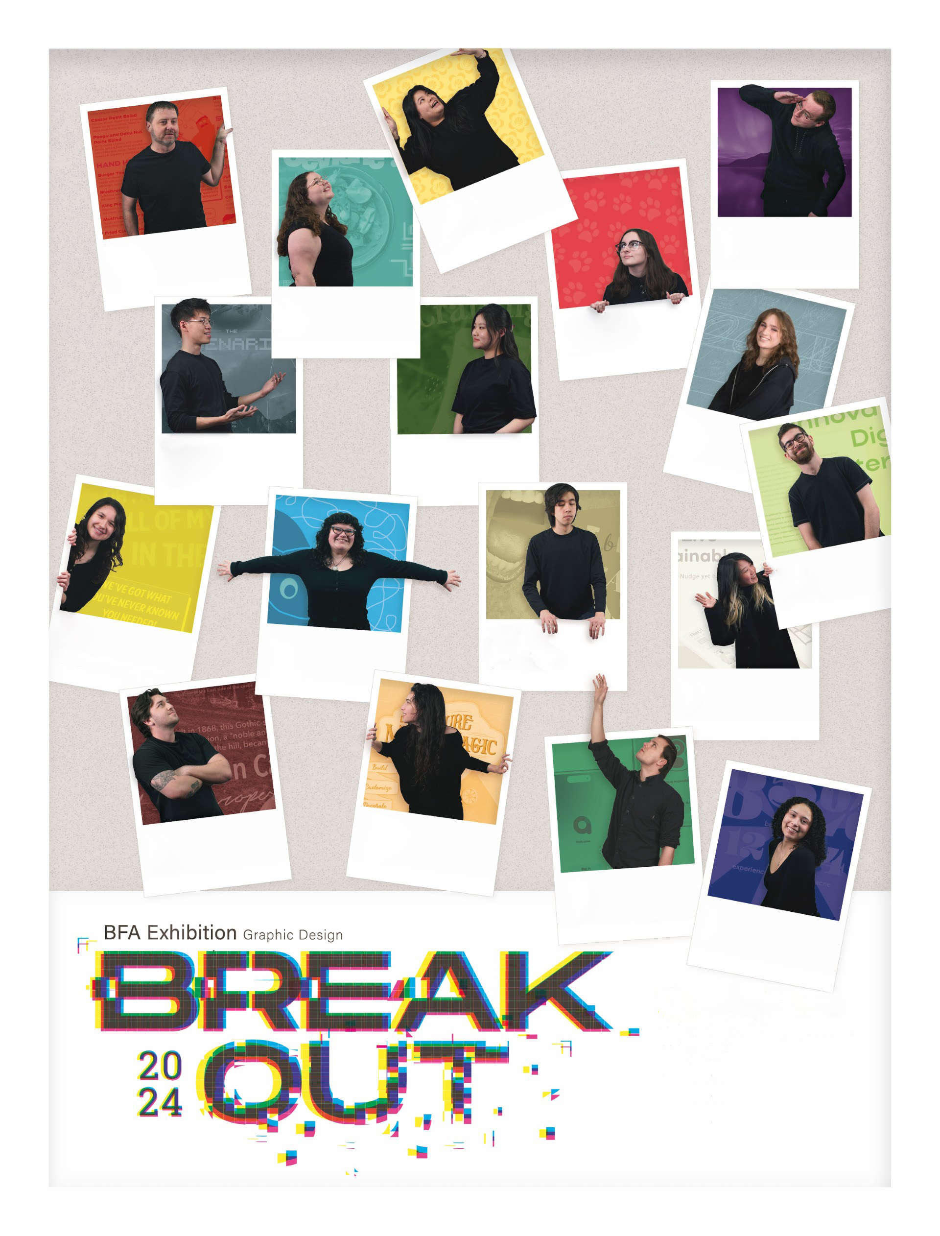 A Exhibition Graphic Design Breakout 2024 poster with students in Polaroid pictures.