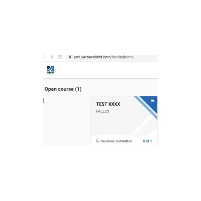 Verba Collect website form with web address url at top and text: Open course (1), TEST XXXX FALL23, Selections Submitted 0 of 1
