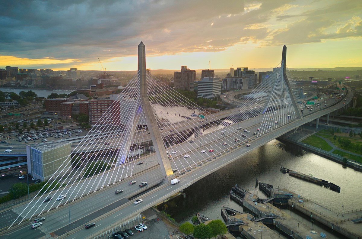 Leonard P. Zakim Bunker Hill Memorial Bridge in Boston looking at Cambridge during Sunset.