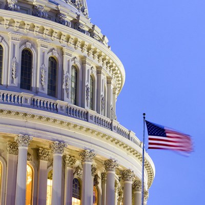 Capitol dome with flag in foreground