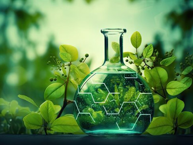 Chemistry bottle filled with liquid in front of forest landscape.