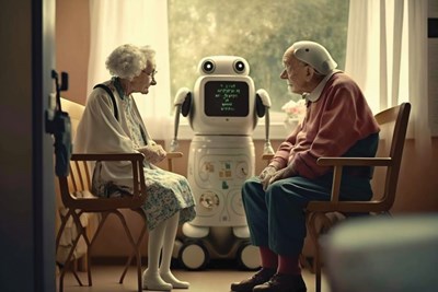 Elderly woman and man sitting in chairs facing one another with robot between them