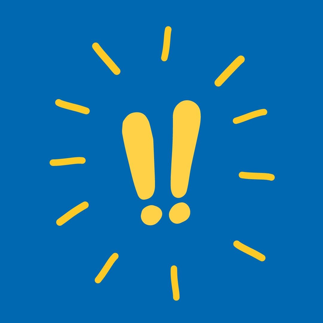 Yellow exclamation points on blue background.