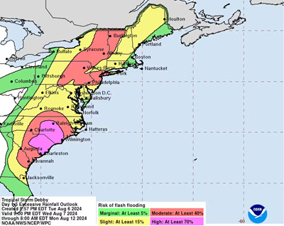 Areas facing the greatest flood risk from Tropical Storm Debby from Aug. 7-12, 2024. Credit: NOAA Weather Prediction Center