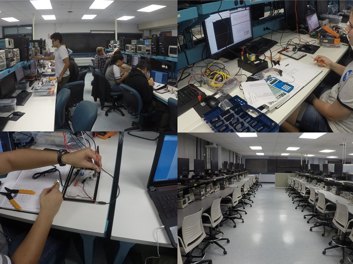 A group of four pictures showing students working on electronics lab benches.