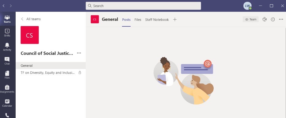 Image of a computer screen showing what the log-in for Microsoft Teams will look like for the Social Justice & Inclusion Committee.