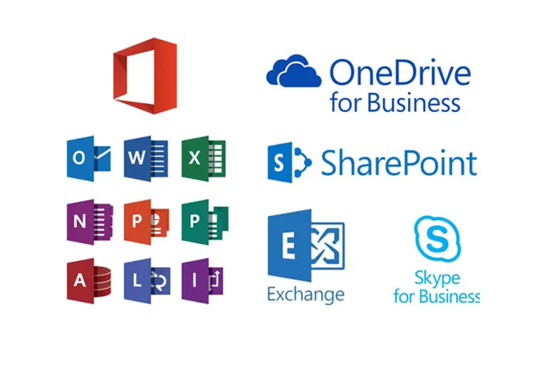 Microsoft Office 365 logo. Word, PowerPoint, Excel, Scype, Access