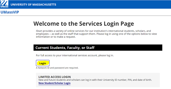 screenshot of UMassVIP services login page, with Login button highlighted