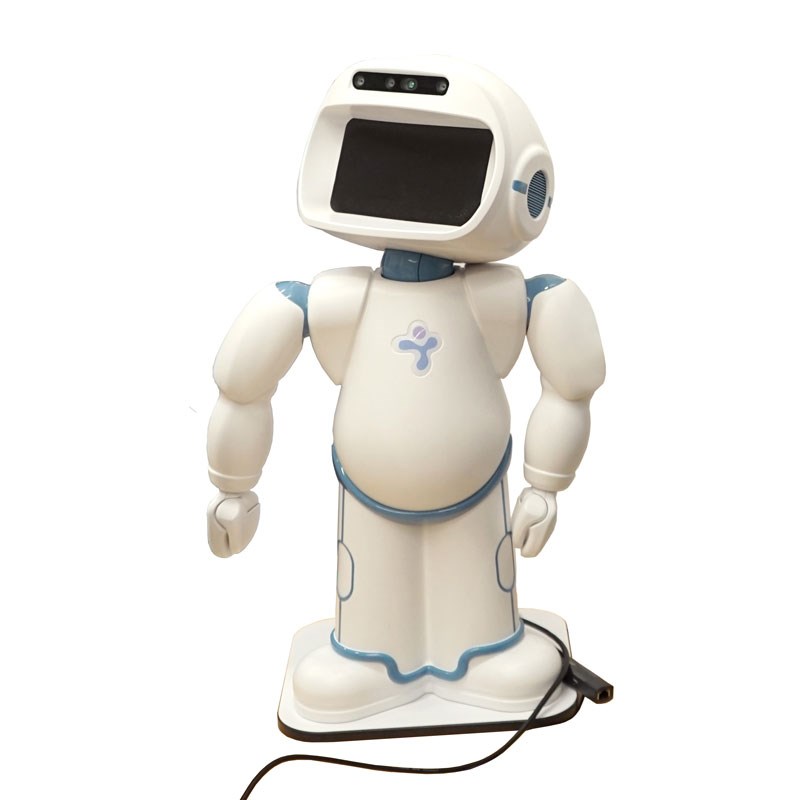 A standing white robot with blue stripes, showcasing a modern, sleek design.