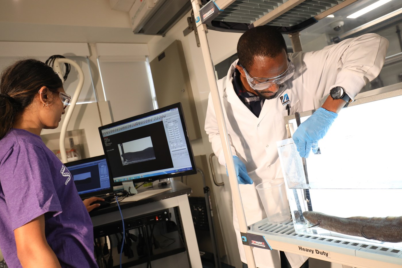 Two researchers, one in lab coat, work in lab